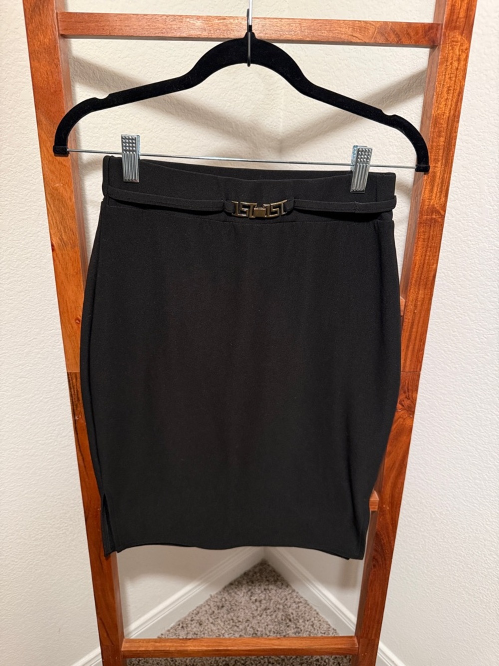Black Pencil Skirt with Decorative Buckle